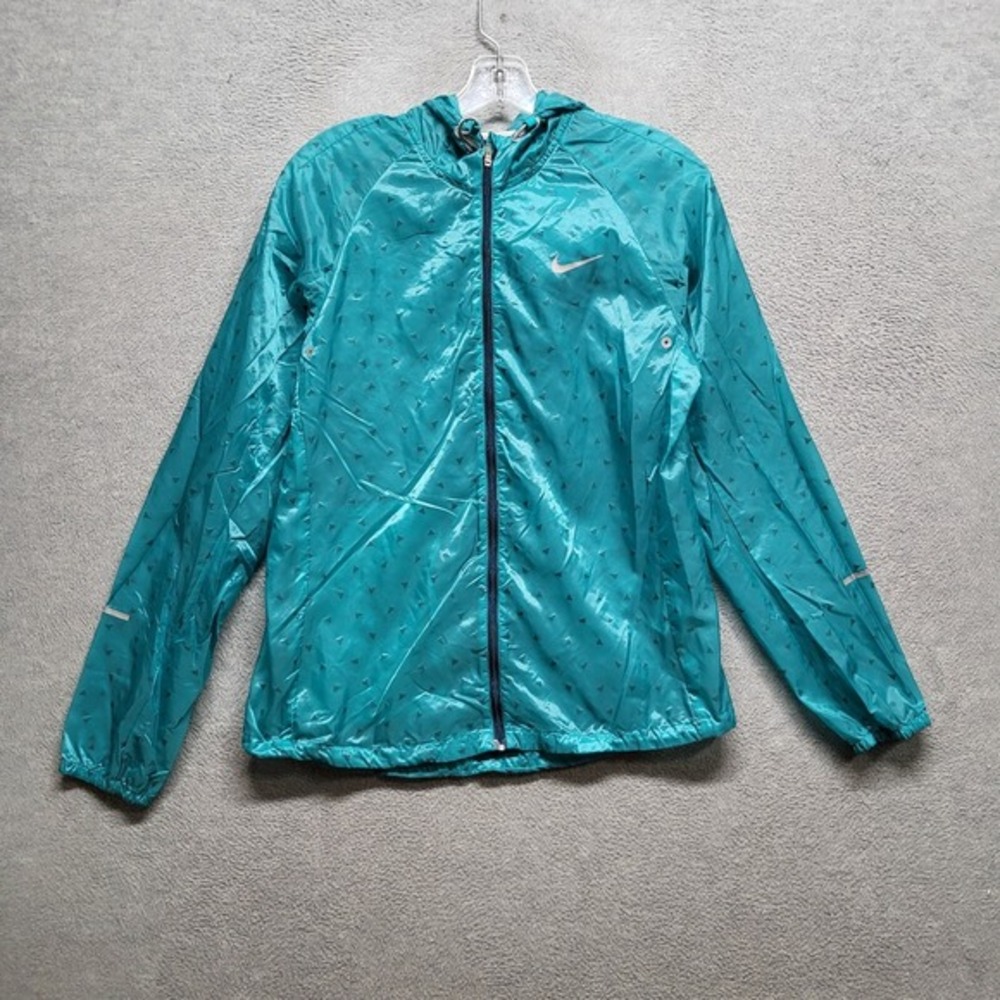 Nike Women Jacket Medium Blue Geometric Windbreaker Running Swoosh Logo Hooded